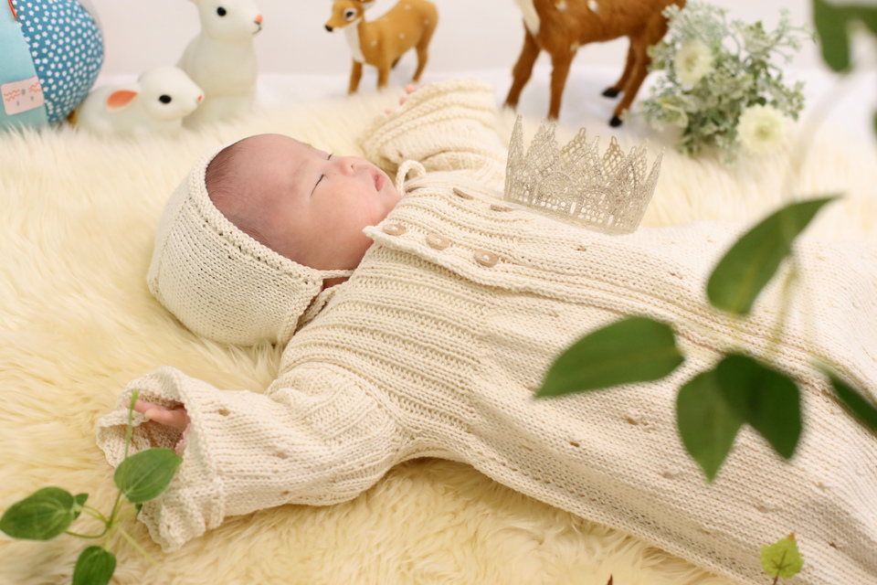 洋風の部屋ですてきな飾りやぬいぐるみと一緒に、赤ちゃんの特別な写真撮影。すやすや眠って。